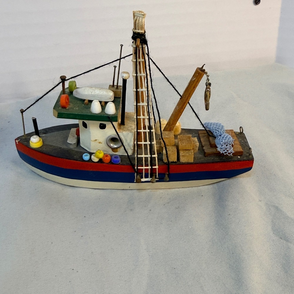 Vintage Handcrafted Wooden Fishing Boat Model Miniature Trawler Nautical Decor